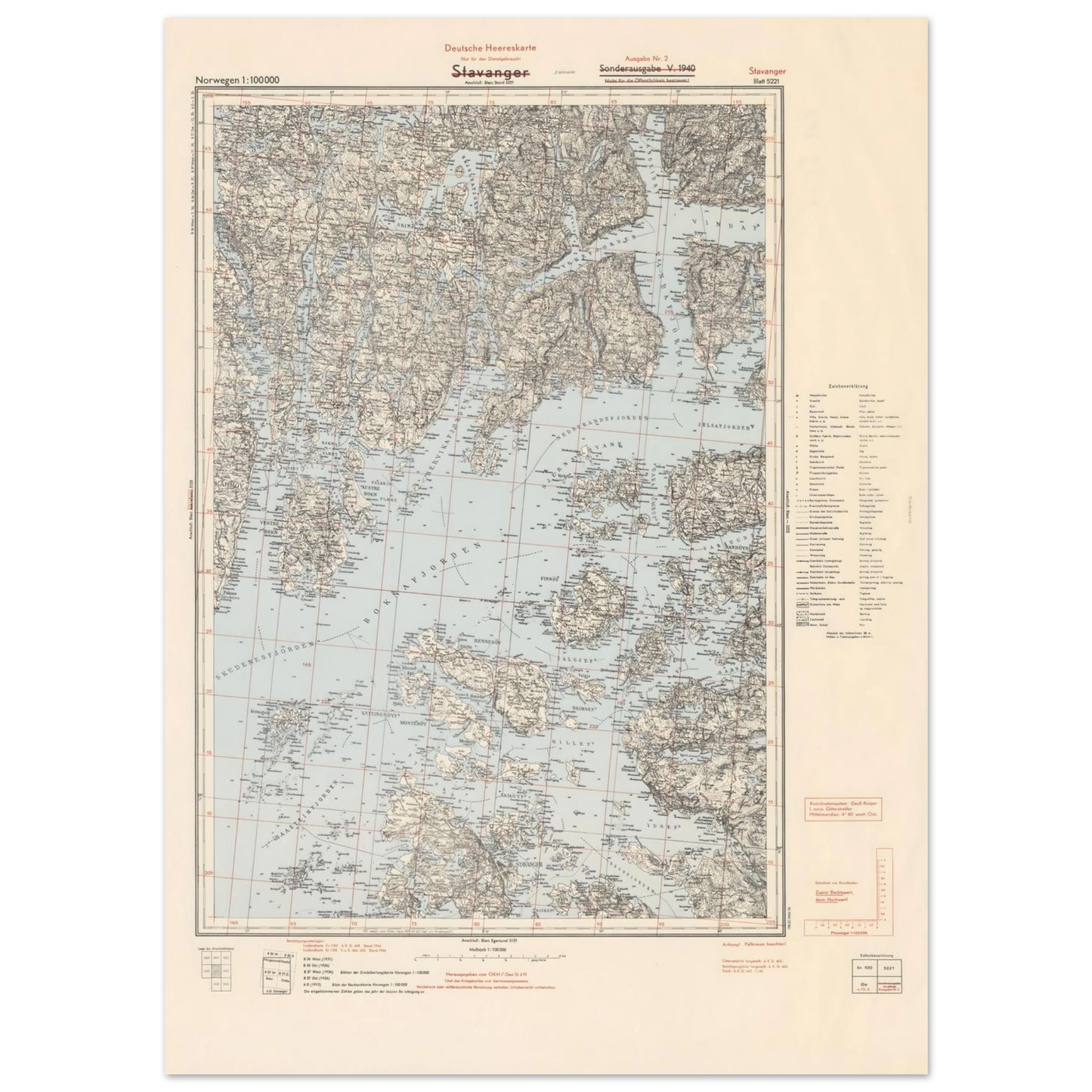 Historic Stavanger map poster with fjords and coastline
