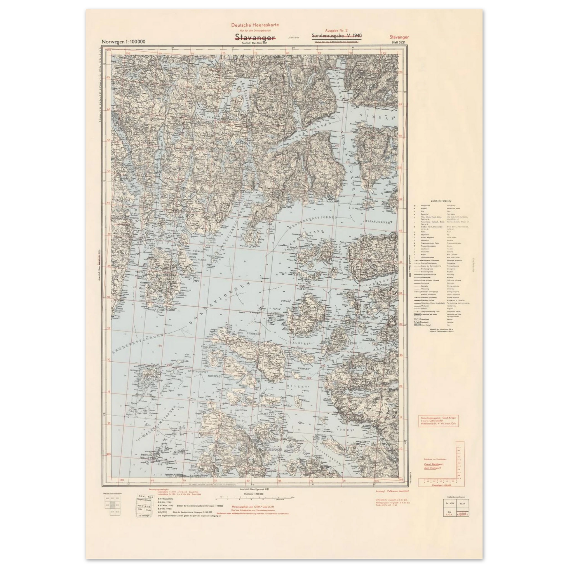 Historic Stavanger map poster with fjords and coastline