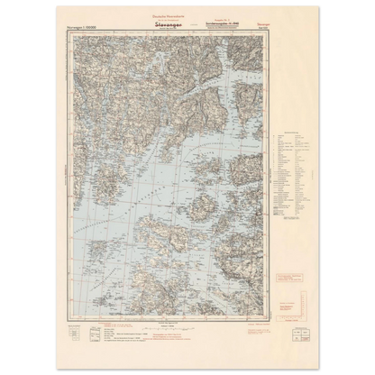 Historic Stavanger map poster with fjords and coastline