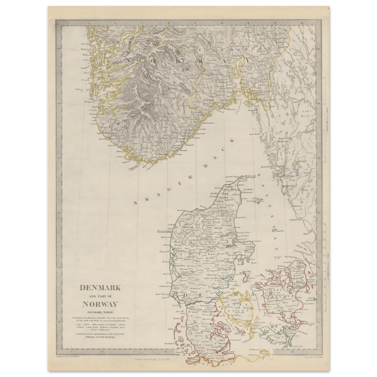 Historic map poster of Denmark and southern Norway