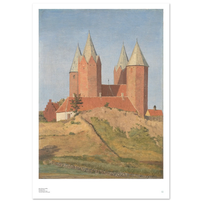 J.T. Lundbye, ‘Kalundborg Church’ (1837) — Danish Golden Age poster with five-tower church and clear architectural lines.