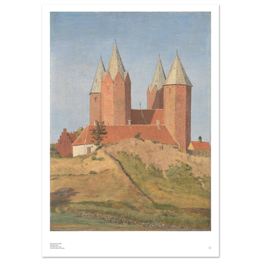 J.T. Lundbye, ‘Kalundborg Church’ (1837) — Danish Golden Age poster with five-tower church and clear architectural lines.