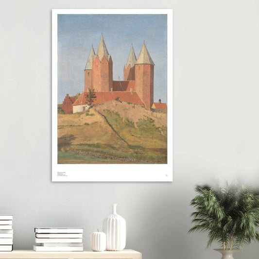 J.T. Lundbye, ‘Kalundborg Church’ (1837) — Danish Golden Age poster with five-tower church and clear architectural lines on wall.