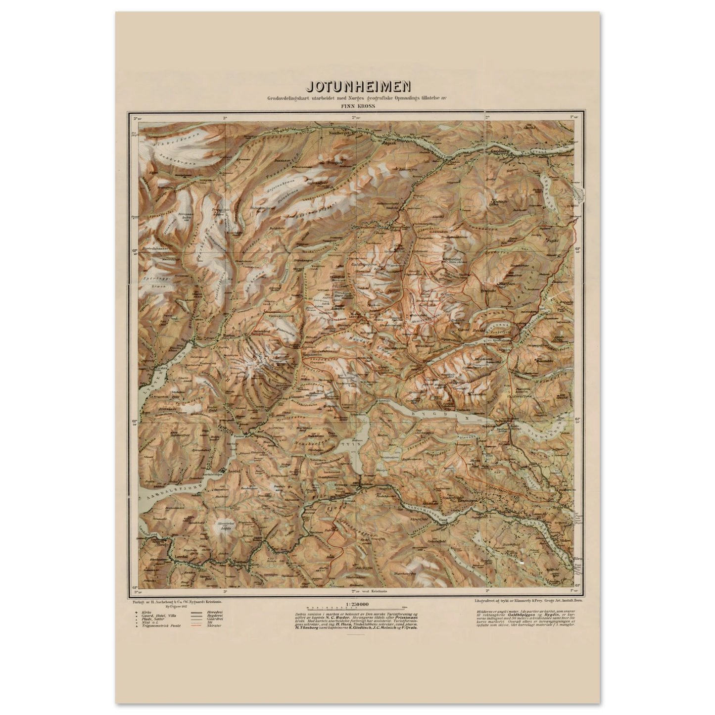 Jotunheimen 1917 map print Norwegian historical wall art