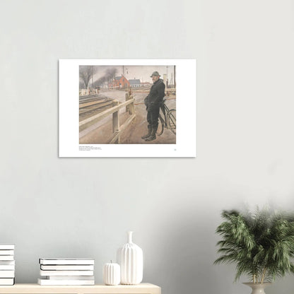L.A. Ring, ‘When the Train Is Due’ (1914) — Danish realism poster with railway crossing at Roskilde Road, moody twilight and clean geometry on wall 70x50 28x20