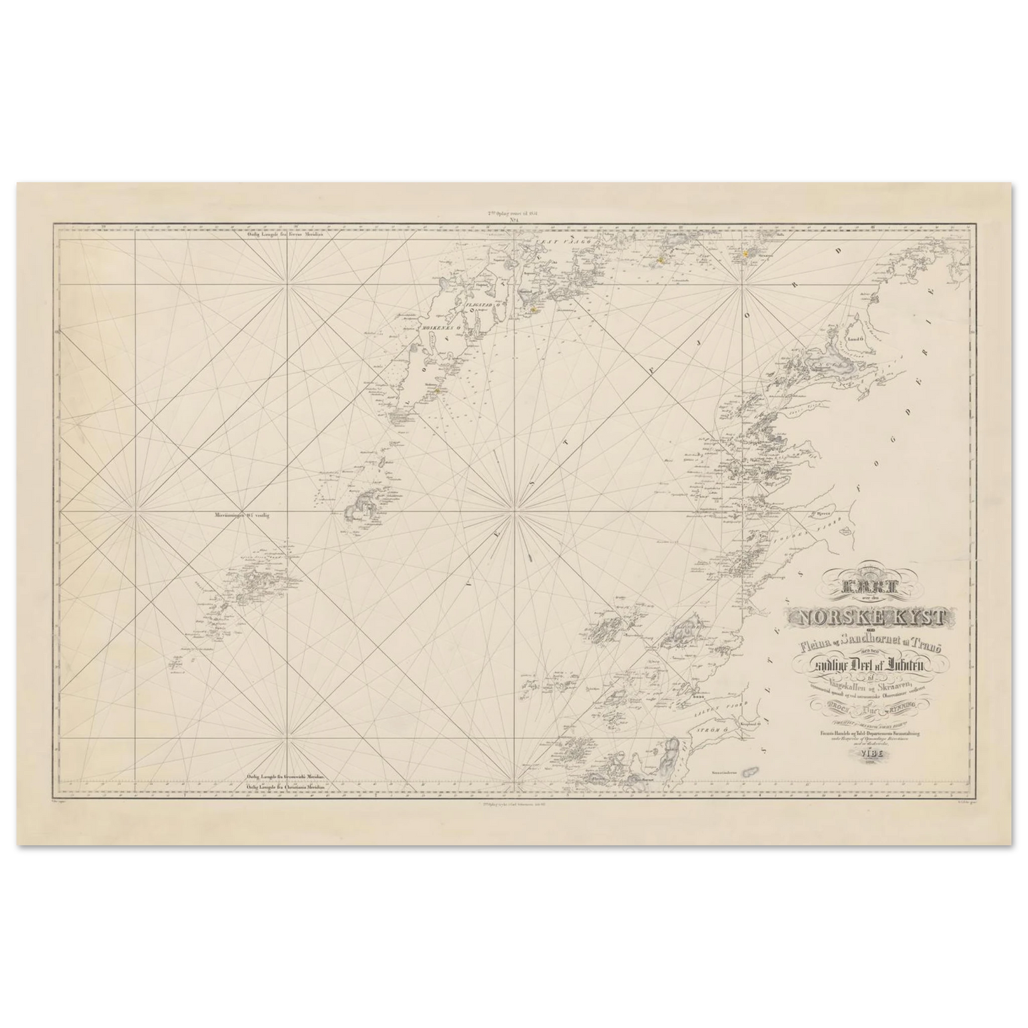 Lofoten and Bodø map print from 1838 Norwegian coastal chart
