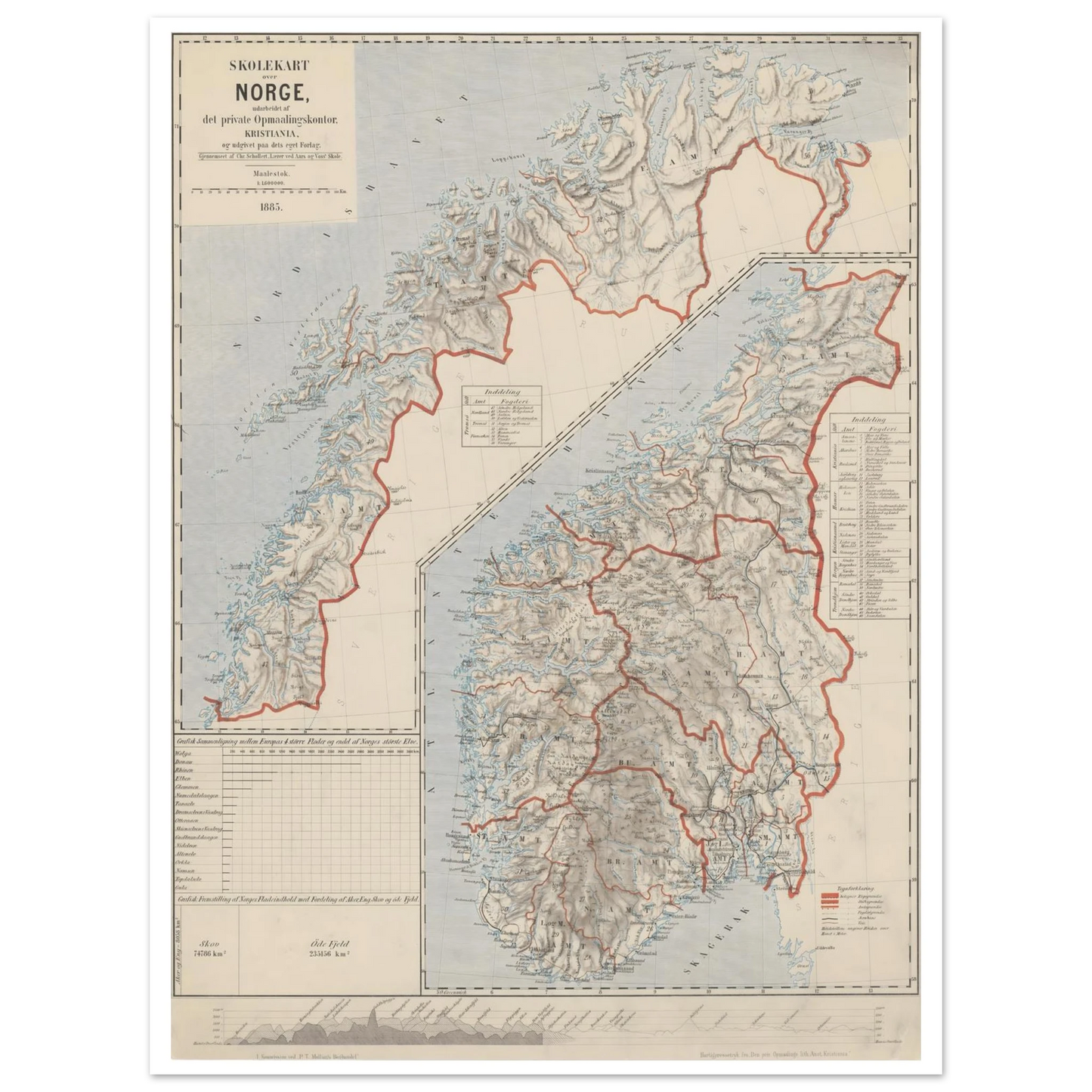 Norway school map print from 1885