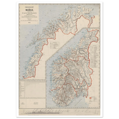 Norway school map print from 1885