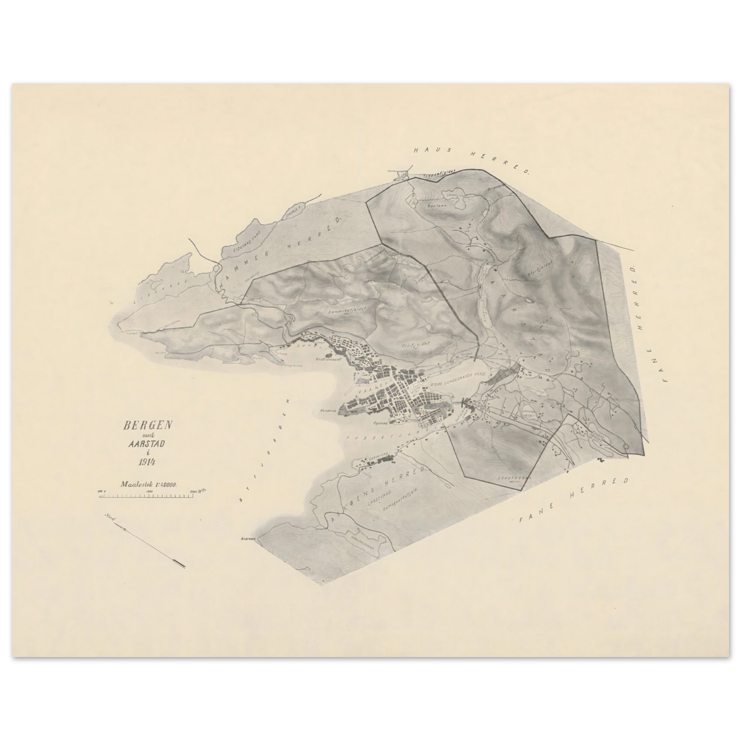 Norwegian city map print of Bergen and Aarstad