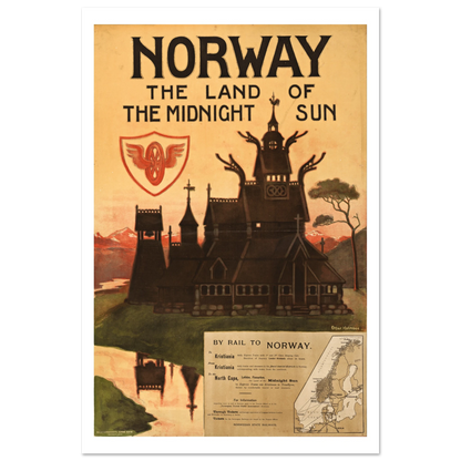 Norwegian railway poster with stave church and midnight sun