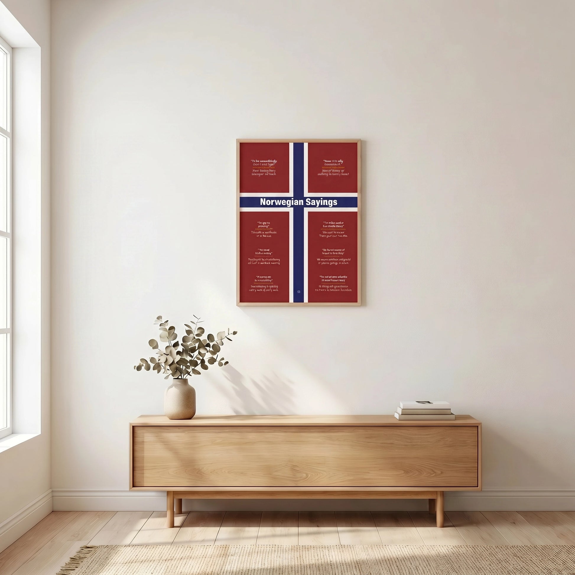 Norwegian sayings on wall in oak frame