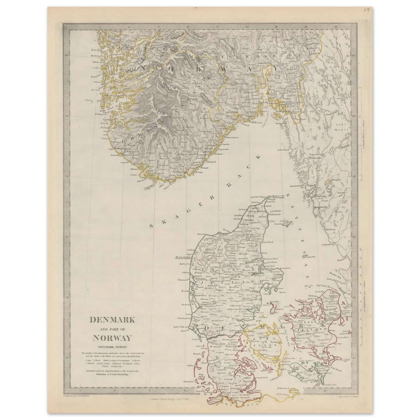 Old Scandinavian map print showing Denmark and Norway