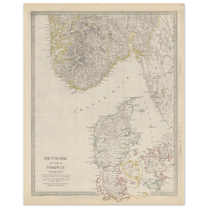 Old Scandinavian map print showing Denmark and Norway