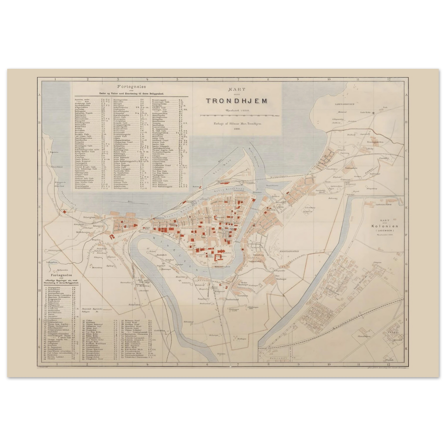 Old map of Trondheim Norway with Nidelva and Lademoen