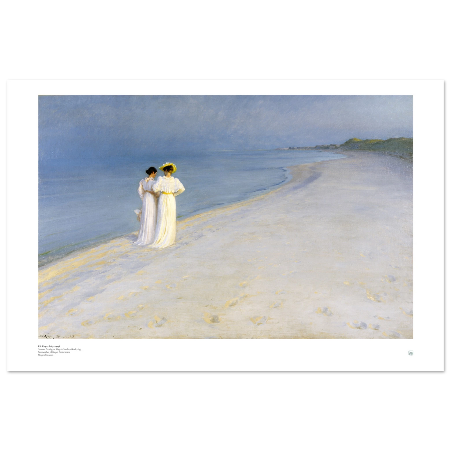 P.S. Krøyer Summer Evening at Skagen Sønderstrand art print showing Anna Ancher and Marie Krøyer walking on the beach in soft blue evening light.