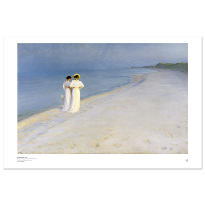 P.S. Krøyer Summer Evening at Skagen Sønderstrand art print showing Anna Ancher and Marie Krøyer walking on the beach in soft blue evening light.