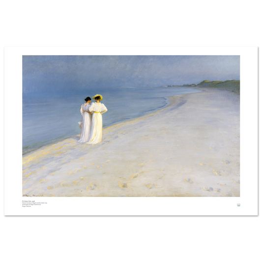 P.S. Krøyer Summer Evening at Skagen Sønderstrand art print showing Anna Ancher and Marie Krøyer walking on the beach in soft blue evening light.