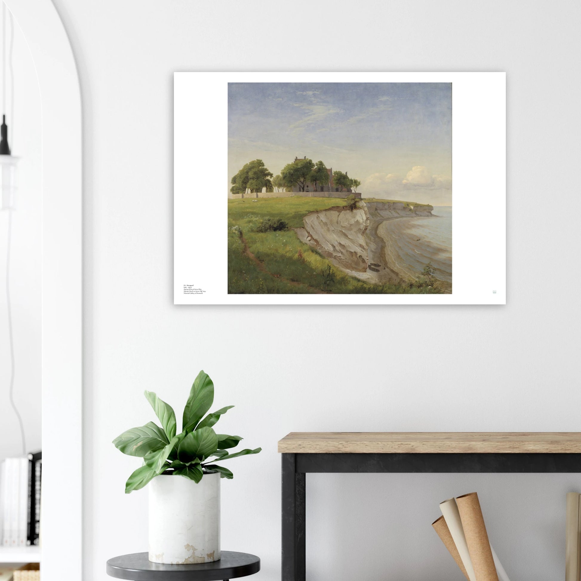 P.C. Skovgaard, ‘Højerup Church at Stevns Klint’ (1842) — Danish coastal poster with chalk cliffs and clifftop church overlooking the sea on wall.
