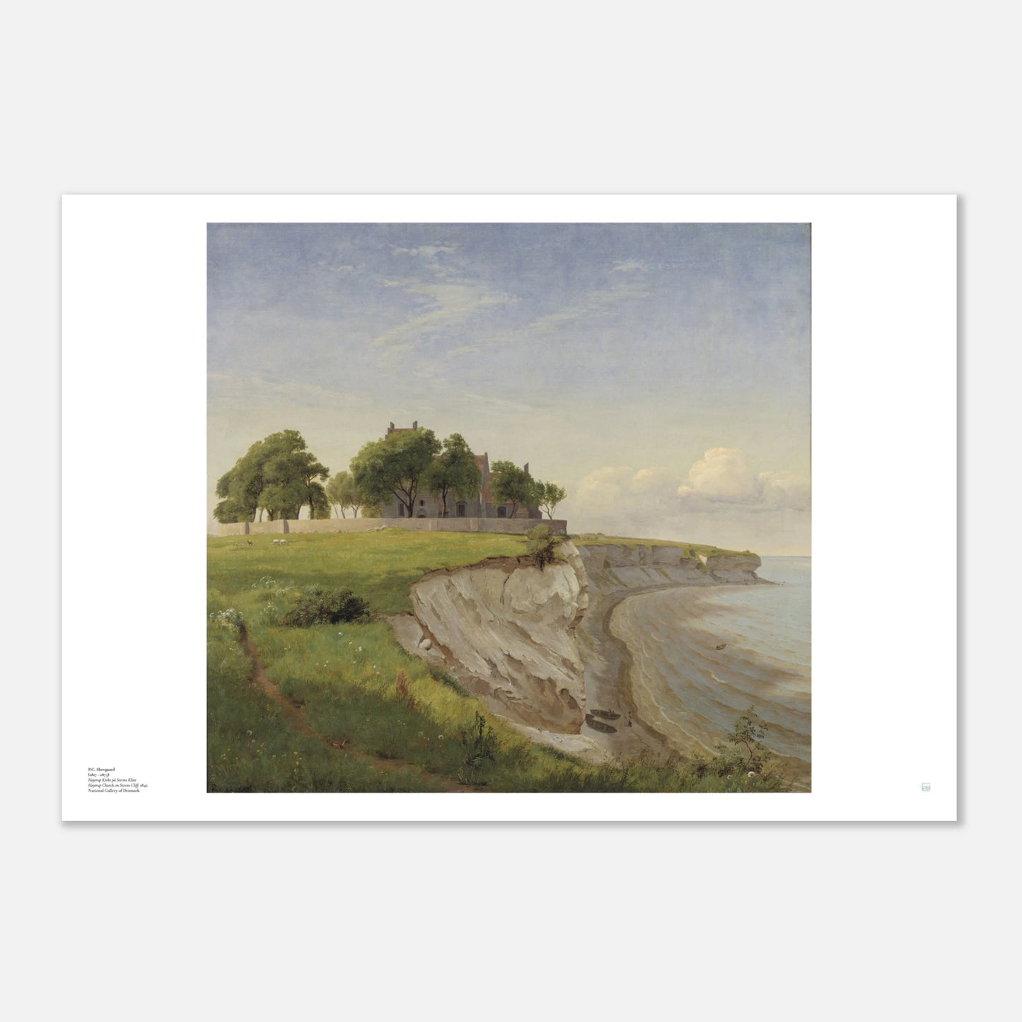 P.C. Skovgaard, ‘Højerup Church at Stevns Klint’ (1842) — Danish coastal poster with chalk cliffs and clifftop church overlooking the sea.