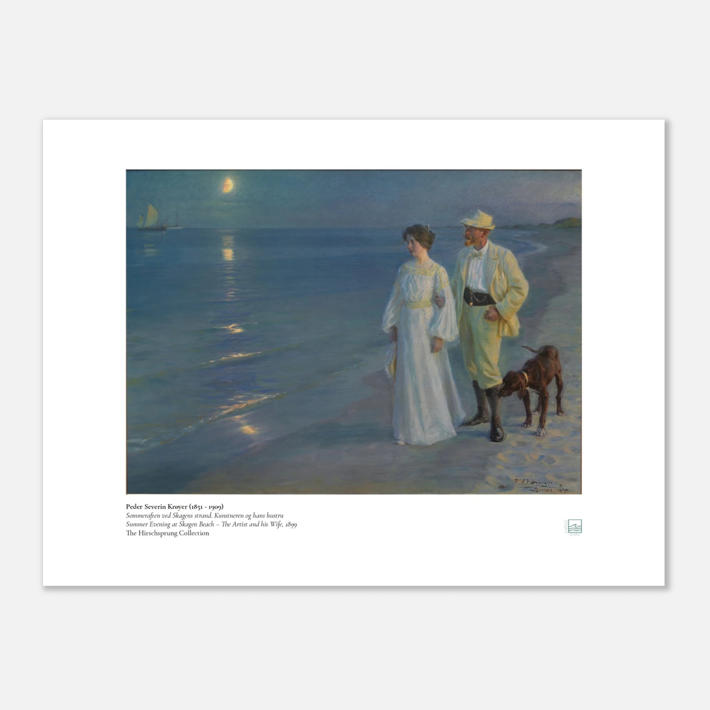 P.S. Krøyer, ‘Summer Evening on Skagen’s Beach’ (1893) — Danish coastal poster in blue hour with two figures walking by the sea.