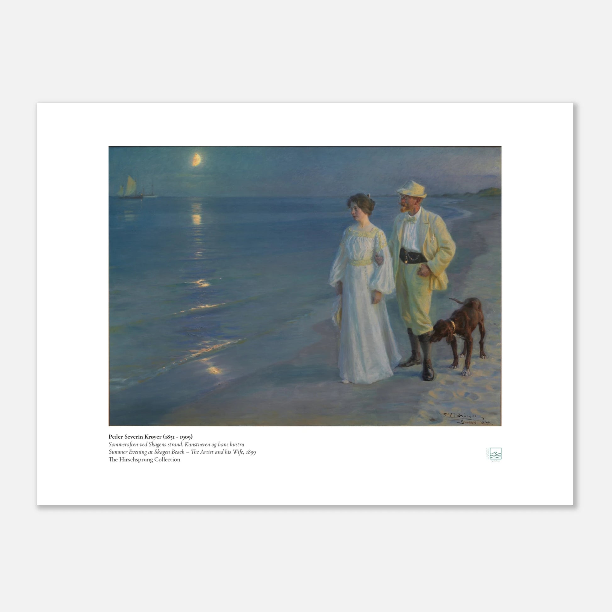 P.S. Krøyer, ‘Summer Evening on Skagen’s Beach’ (1893) — Danish coastal poster in blue hour with two figures walking by the sea.