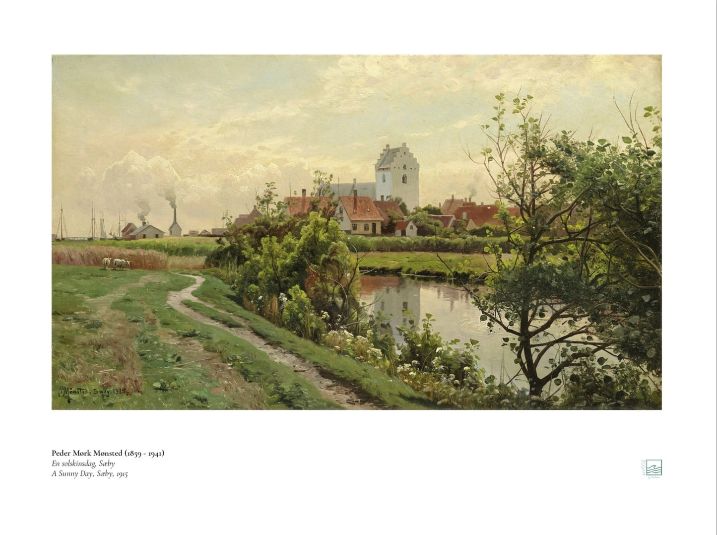 Peder Mønsted, ‘A Sunny Day, Saeby’ (1915) — Danish landscape poster with sunlit facades and seaside calm in northern Jutland.