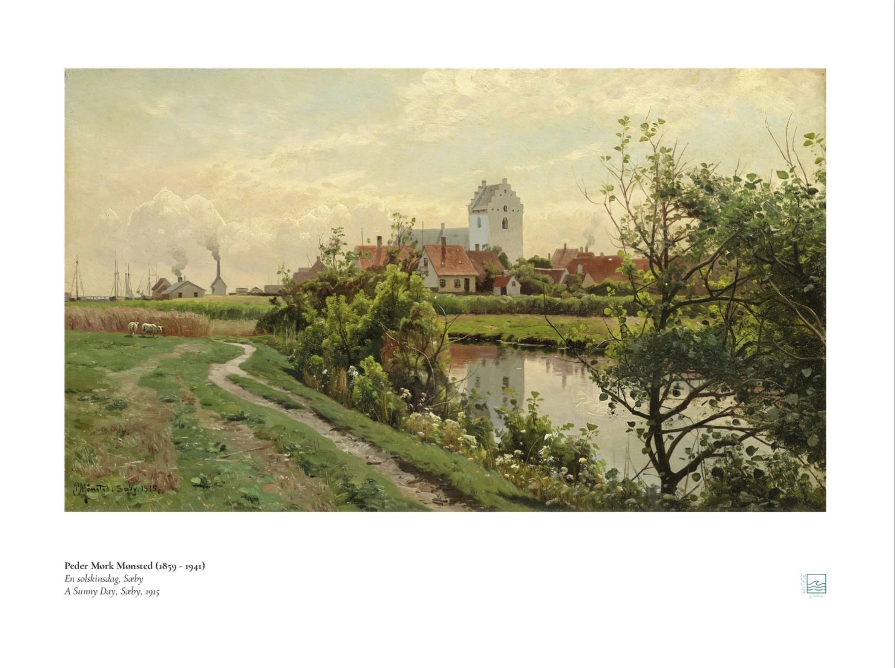 Peder Mønsted, ‘A Sunny Day, Saeby’ (1915) — Danish landscape poster with sunlit facades and seaside calm in northern Jutland.