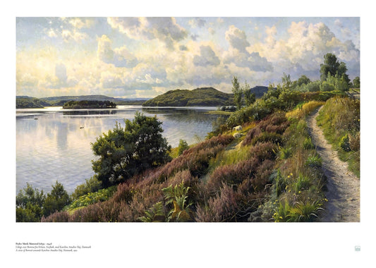 Peder Mørk Mønsted, ‘Borresø View’ (1912) — Danish landscape poster with mirror-calm lake reflections, sunlit foliage, and luminous realism.