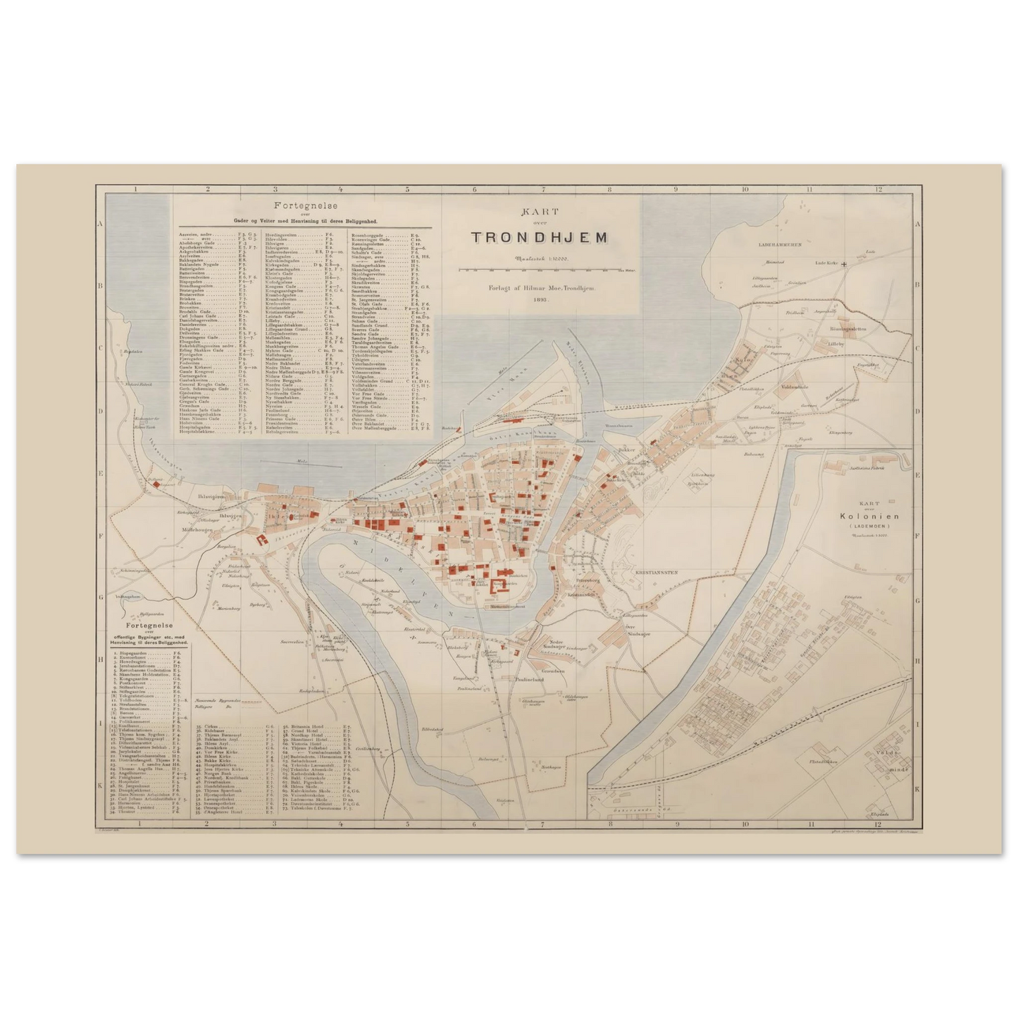 Trondheim map print showing old Trondhjem