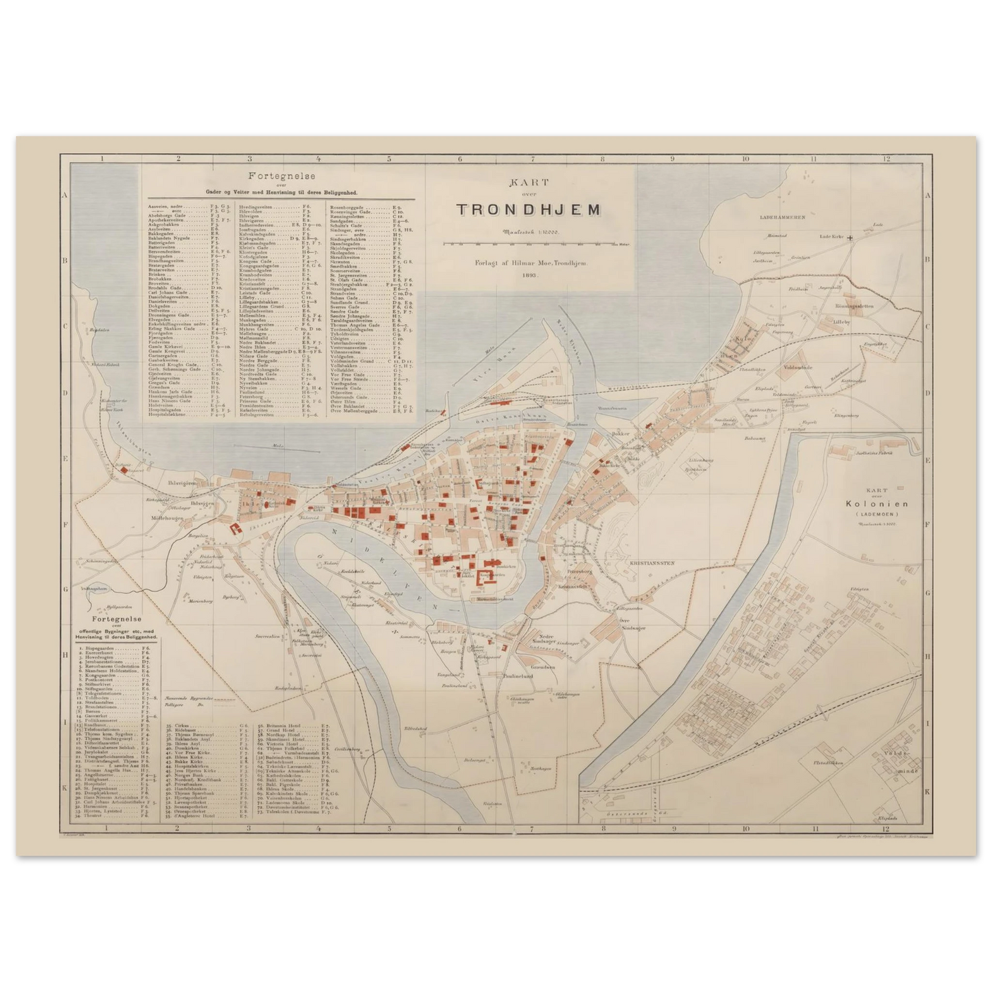 Trondhjem map print with historic city streets