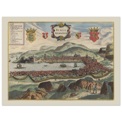 Historisk byprospekt af Bergen fra Civitates orbis terrarum-traditionen med byen omkring havnen.