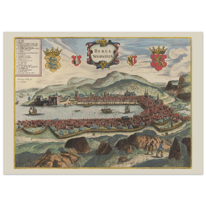 Historisk byprospekt af Bergen fra Civitates orbis terrarum-traditionen med byen omkring havnen.