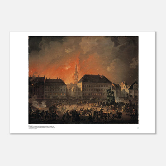C.A. Lorentzen, ‘Kongens Nytorv during the Bombardment’ (1807) — Danish history poster with night scene, rockets, and civilians in Copenhagen.