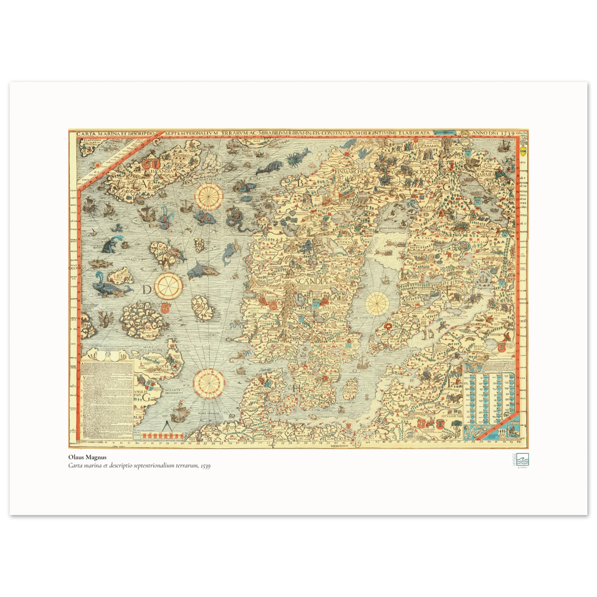 Detail from the 1539 Carta Marina with place names, ships and illustrated creatures