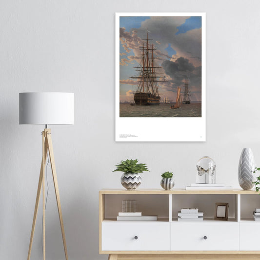 C.W. Eckersberg, ‘The Russian Ship Asow and a Frigate at Anchor off Elsinore’ (1828) — Danish maritime poster with anchored ships in clear Golden Age light on wall.