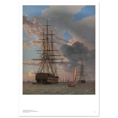C.W. Eckersberg, ‘The Russian Ship Asow and a Frigate at Anchor off Elsinore’ (1828) — Danish maritime poster with anchored ships in clear Golden Age light.