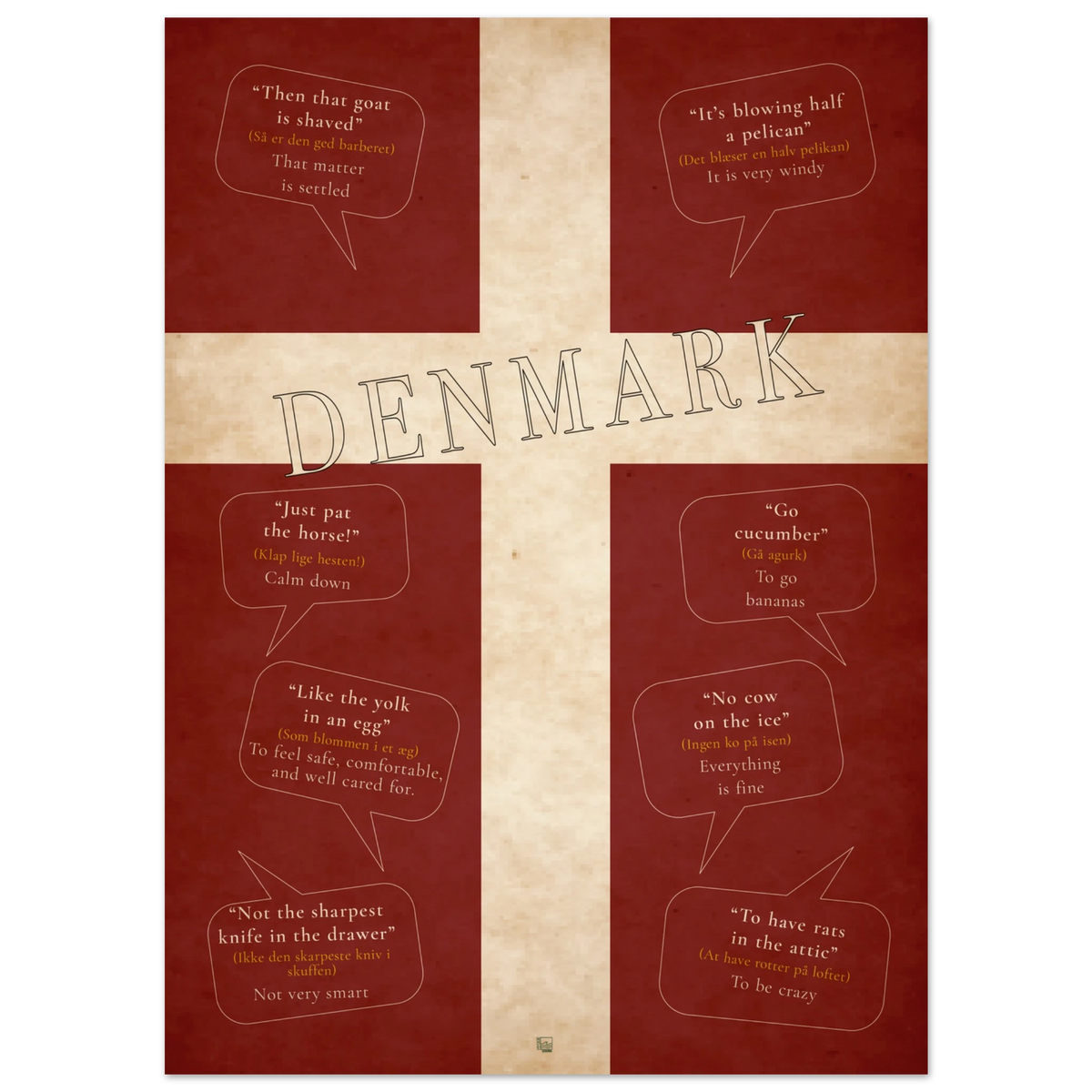 Portrait Danish language print with DENMARK across a cream cross and eight translated sayings on a deep red background.