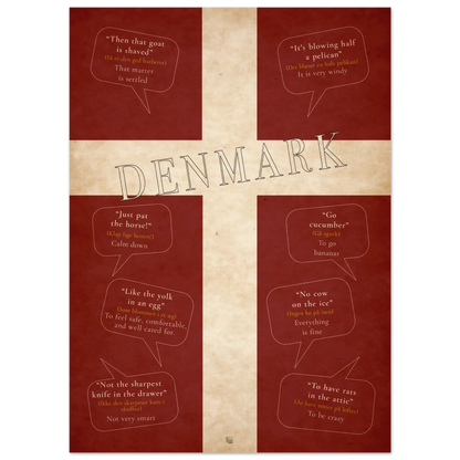 Portrait Danish language print with DENMARK across a cream cross and eight translated sayings on a deep red background.