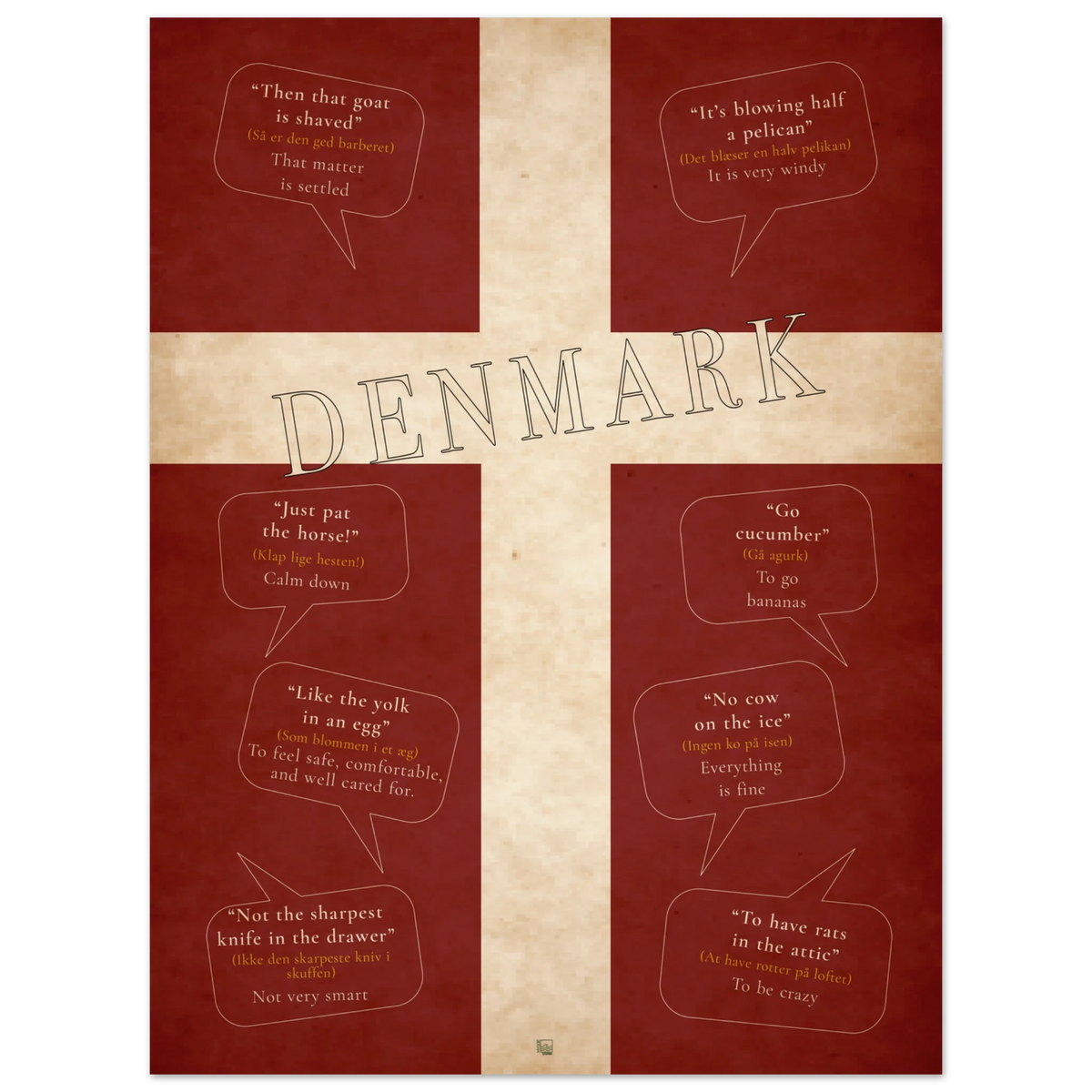 Denmark language poster with eight expressions, including No cow on the ice and Then that goat is shaved, on a textured flag.