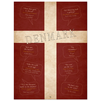 Denmark language poster with eight expressions, including No cow on the ice and Then that goat is shaved, on a textured flag.