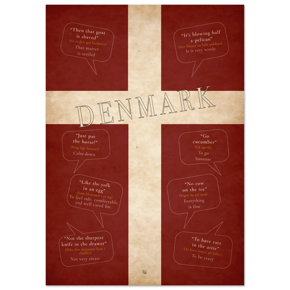 Full portrait view of the Danish sayings poster, with a cream Nordic cross, central DENMARK lettering and eight speech bubbles.