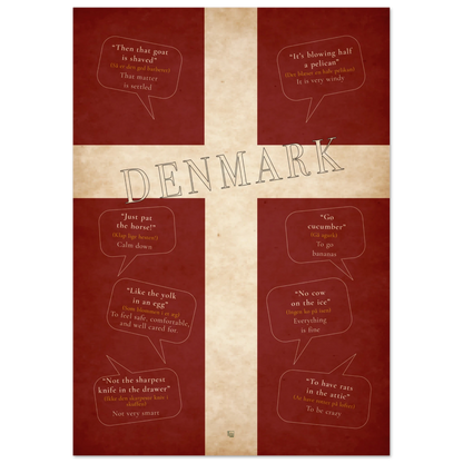 Full portrait view of the Danish sayings poster, with a cream Nordic cross, central DENMARK lettering and eight speech bubbles.