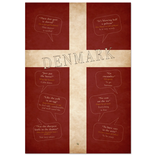 Danish sayings poster with eight speech bubbles, Danish expressions and English explanations on a textured red and cream flag design.