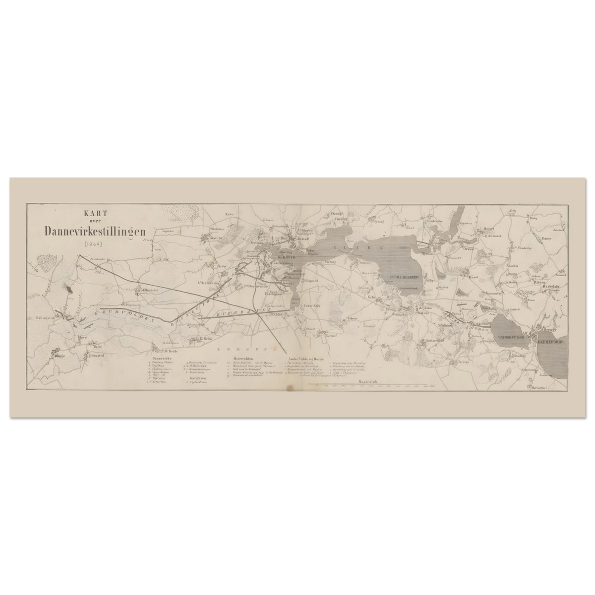 Dannevirke map print from 1864, a panoramic military map with fine dark linework, place names and a narrow cream border.