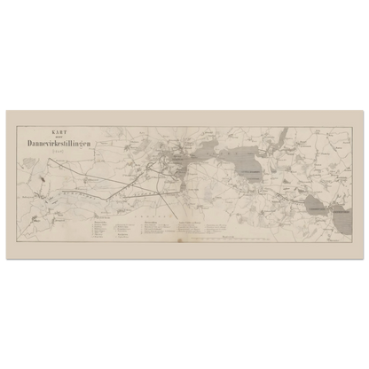 Dannevirke map print from 1864, a panoramic military map with fine dark linework, place names and a narrow cream border.