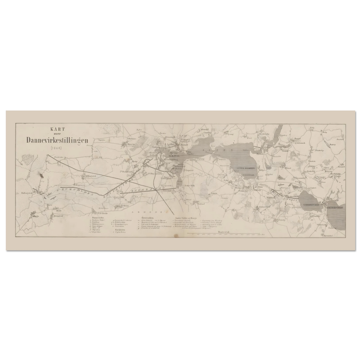 Panoramic Dannevirke map poster from 1864 showing settlements, roads and waterways within a narrow cream margin.