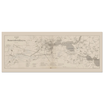 Panoramic Dannevirke map poster from 1864 showing settlements, roads and waterways within a narrow cream margin.