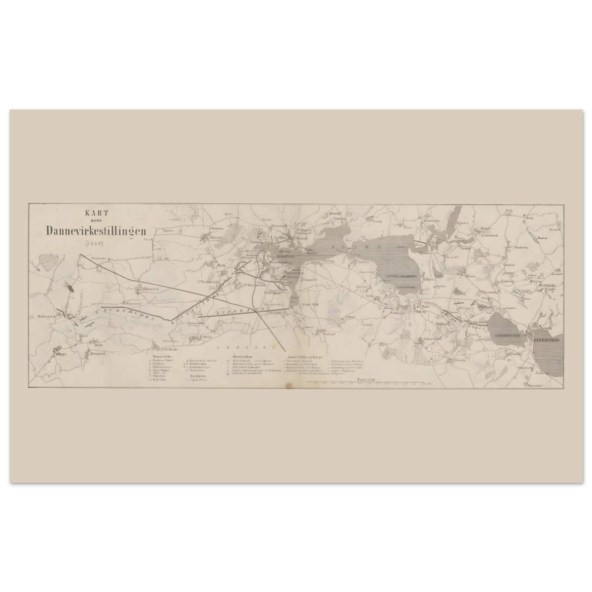 The 1864 Kart over Dannevirkestillingen reproduced horizontally with broad cream margins above and below the map.