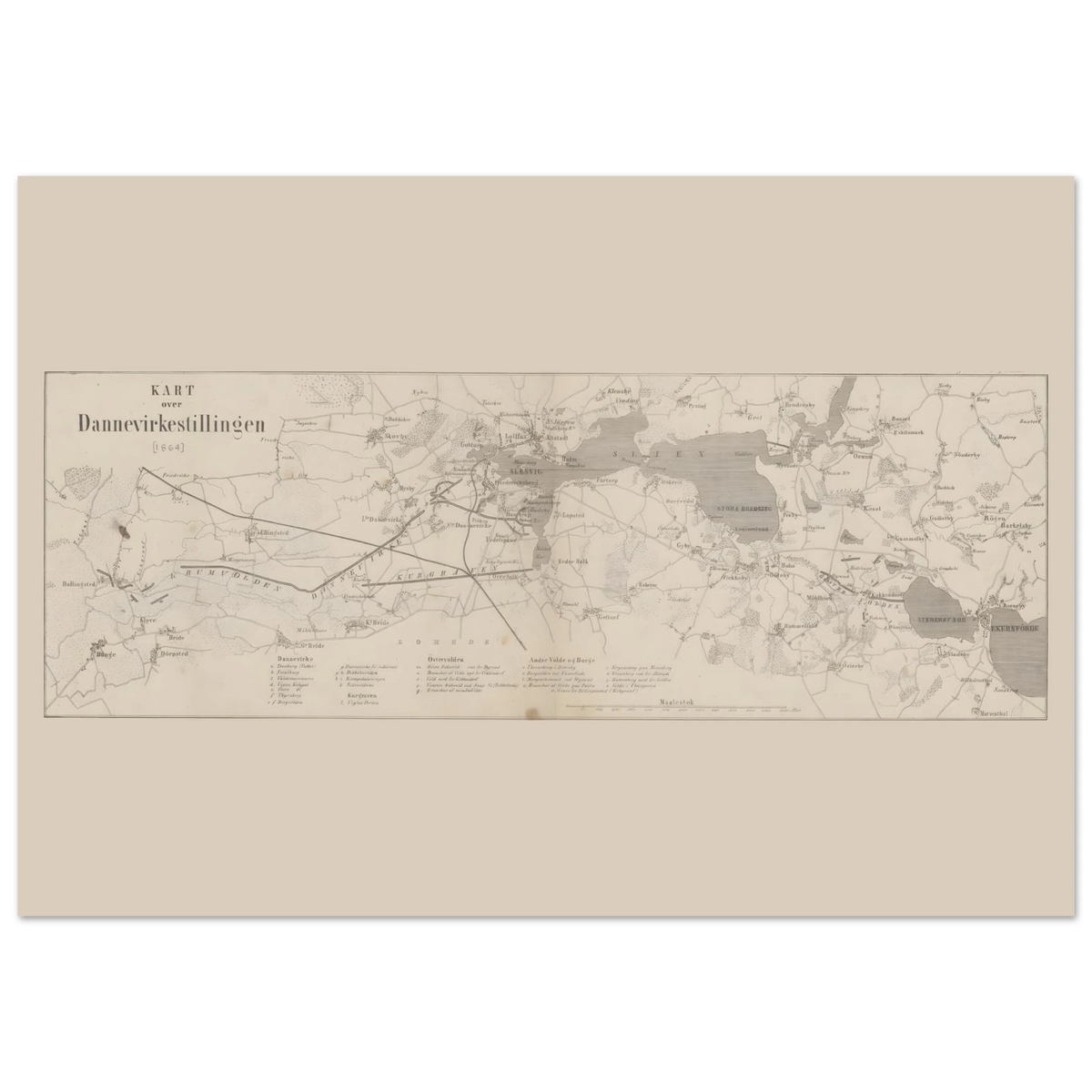 Dannevirke military map poster from 1864 centred on a cream sheet with wide upper and lower margins.
