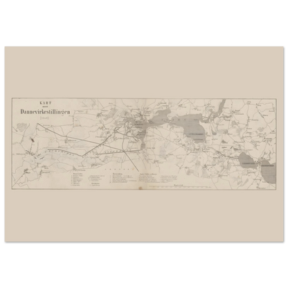 Dannevirke military map poster from 1864 centred on a cream sheet with wide upper and lower margins.